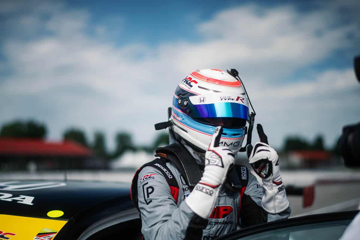 Karl Wittmer after qualifying first, 2024 Mid-Ohio IMSA Michelin Pilot Challenge