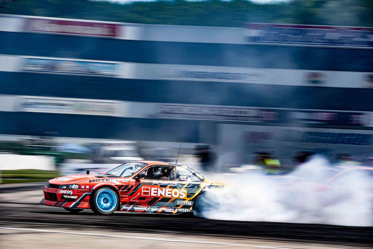 Faruk Kugay shredding the Englishtown gauntlet during PROSPEC practice, Formula DRIFT New Jersey 2024