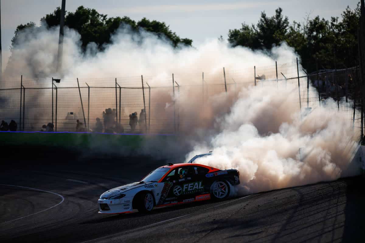 The Feal Suspension / GT Radial Nissan S15 blew a second engine during practice, but Bakchis had it swapped in time for competition, 2024 Formula DRIFT Orlando