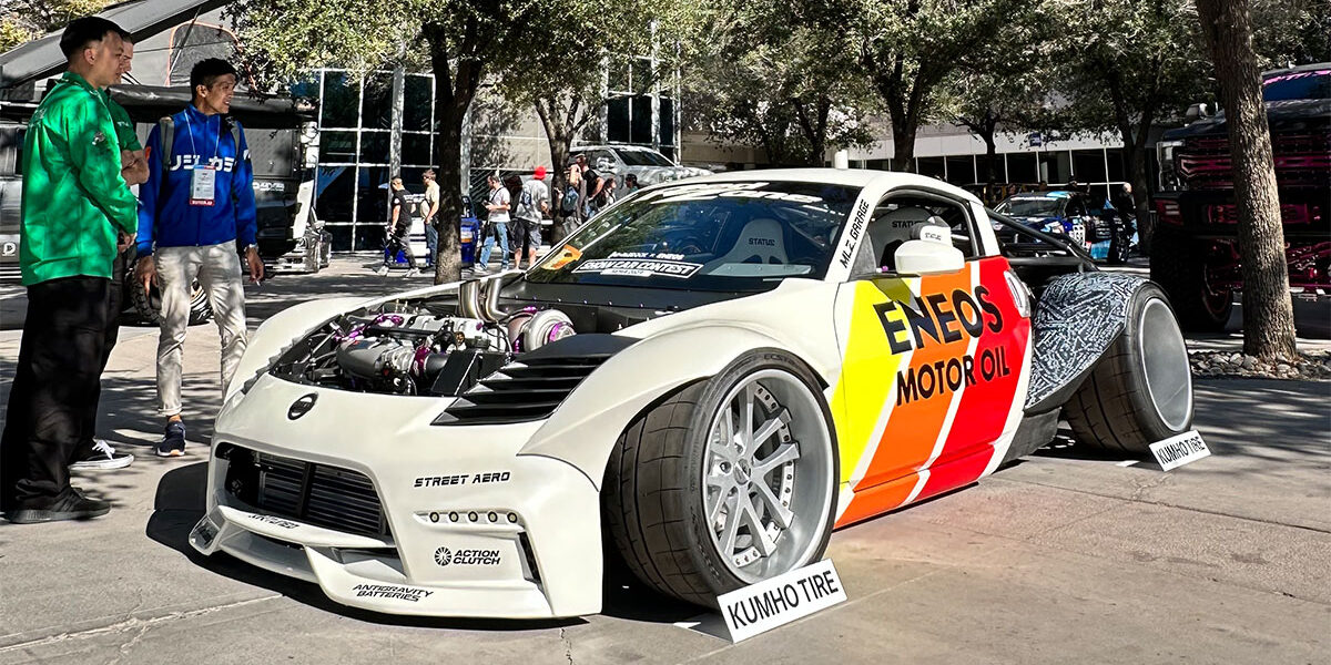 Ashley Robinson’s show-stopping 350Z with twin K-series engines and turbo setup at the 2023 SEMA Show for ENEOS / Pit+Paddock.