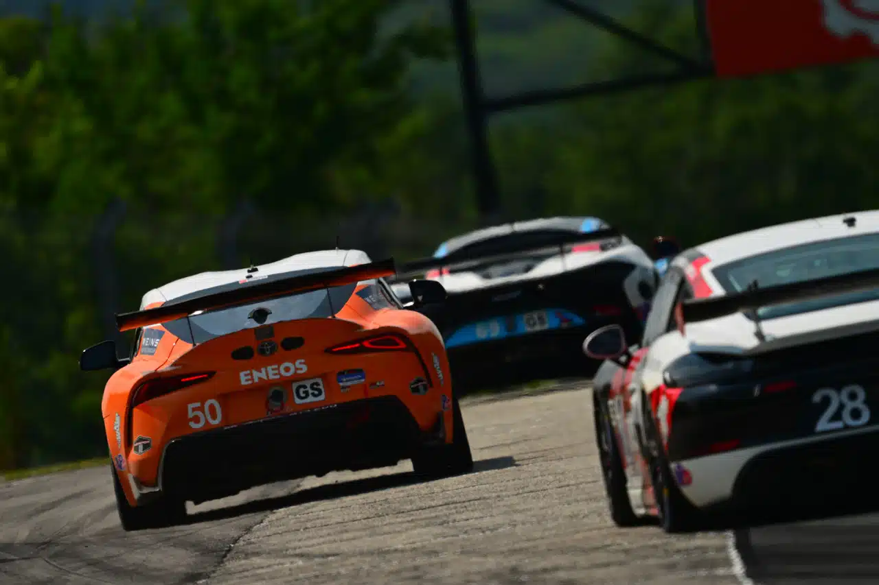 Rear view of the Hattori Motorsports Toyota GR Supra GT4 EVO, 2024 IMSA Michelin Pilot Challenge Road America