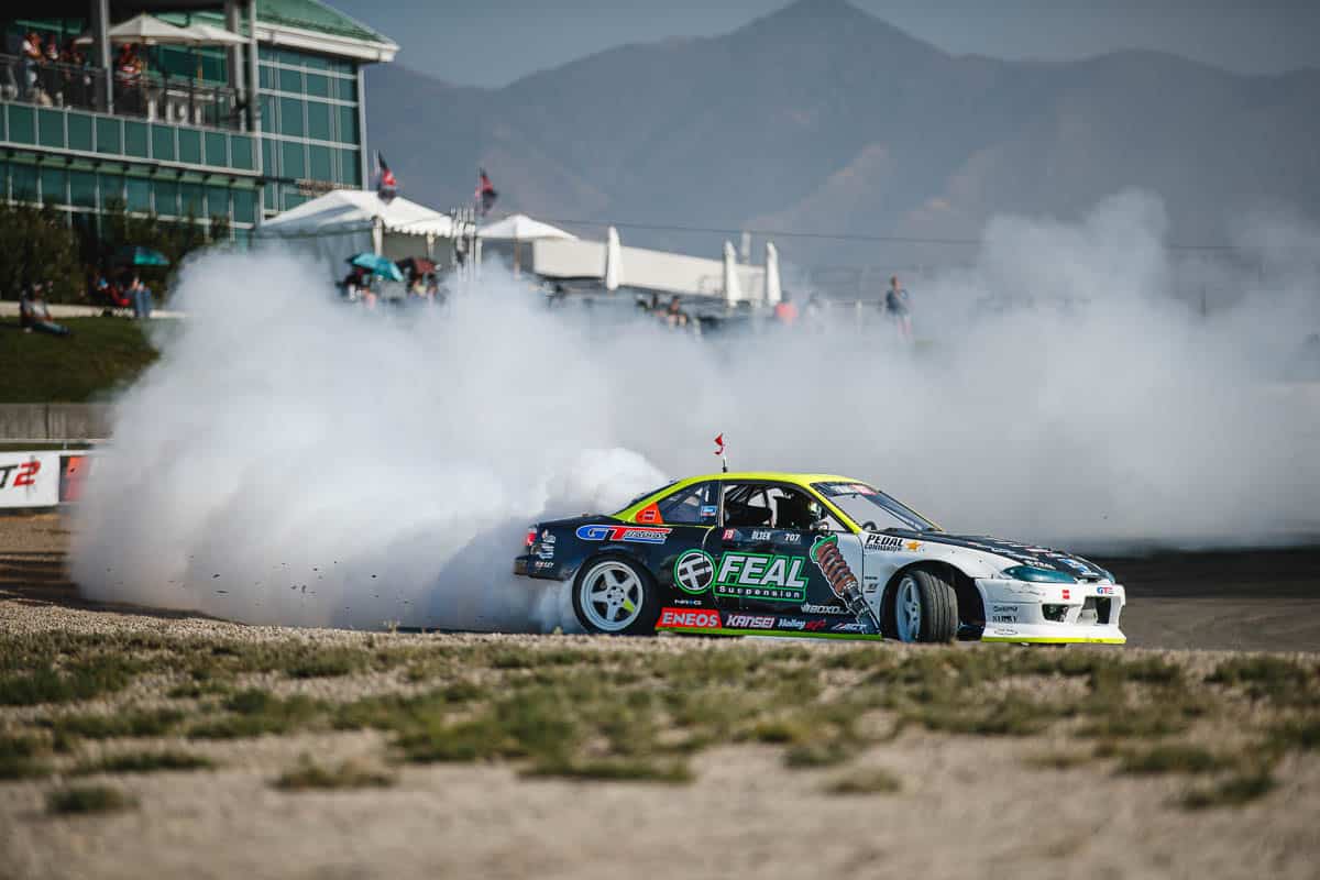 Simen Olsen exiting the final turn with the Feal Suspension Nissan S14.9, 2024 Formula DRIFT Utah