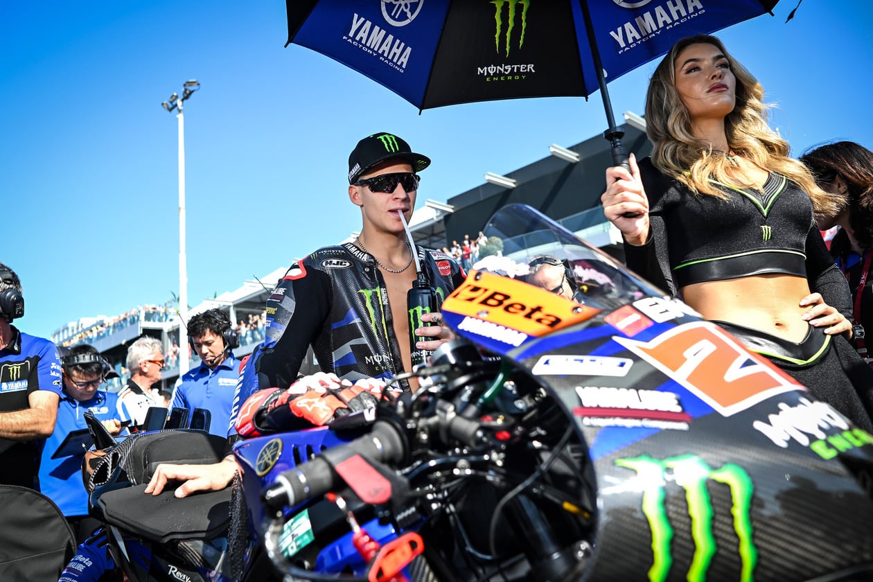 Fabio Quartararo with a Monster Energy Yamaha MotoGP race queen, 2024 MotoGP Misano