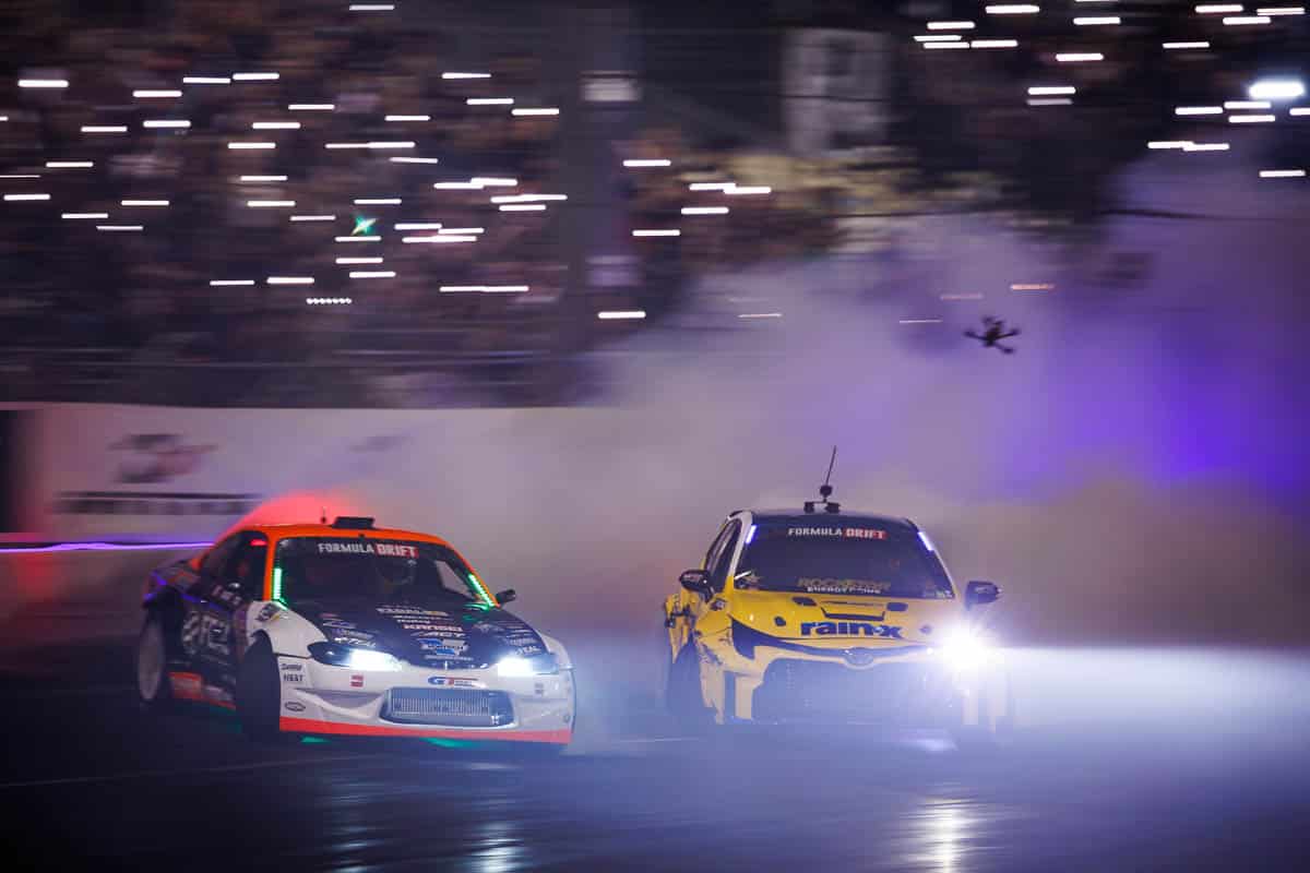 Bakchis versus Ryan Tuerck in the Great 8 before the carnage ensued, 2024 Formula DRIFT Irwindale