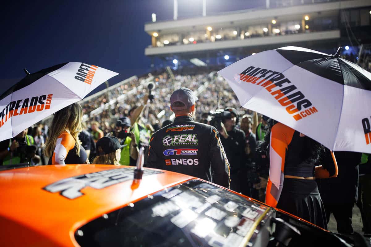 Odi Bakchis at the Top 16 driver introductions, 2024 Formula DRIFT Irwindale