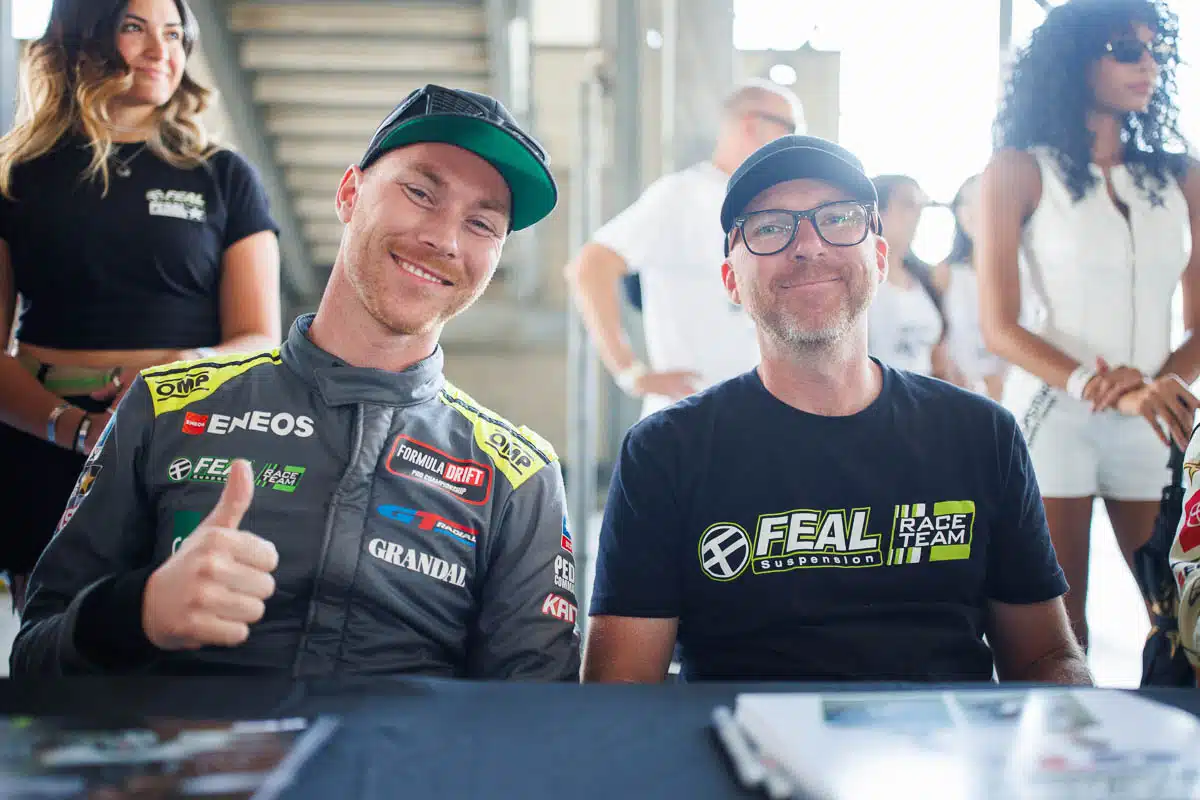 Simen Olsen enjoys his last autograph session with Odi Bakchis representing Feal Race Team, 2024 Formula DRIFT Irwindale