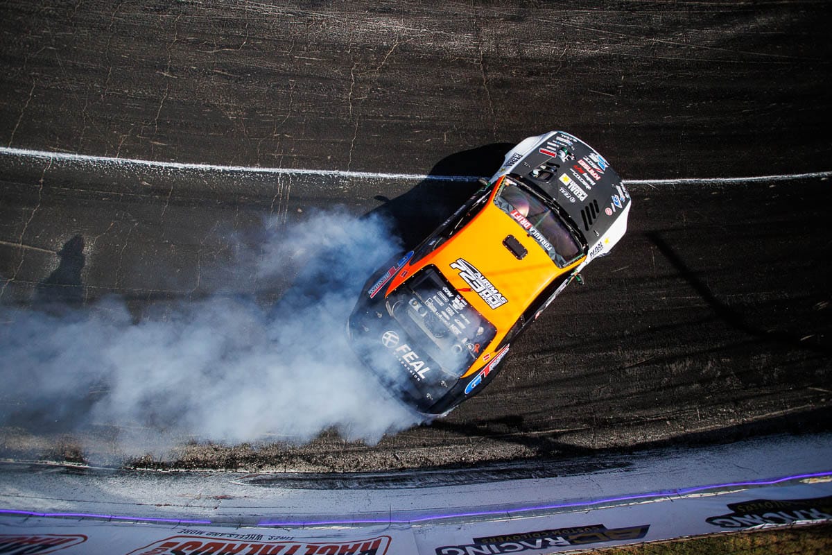 Overhead view of the Feal Suspension / GT Radial Nissan S15, 2024 Formula DRIFT Irwindale