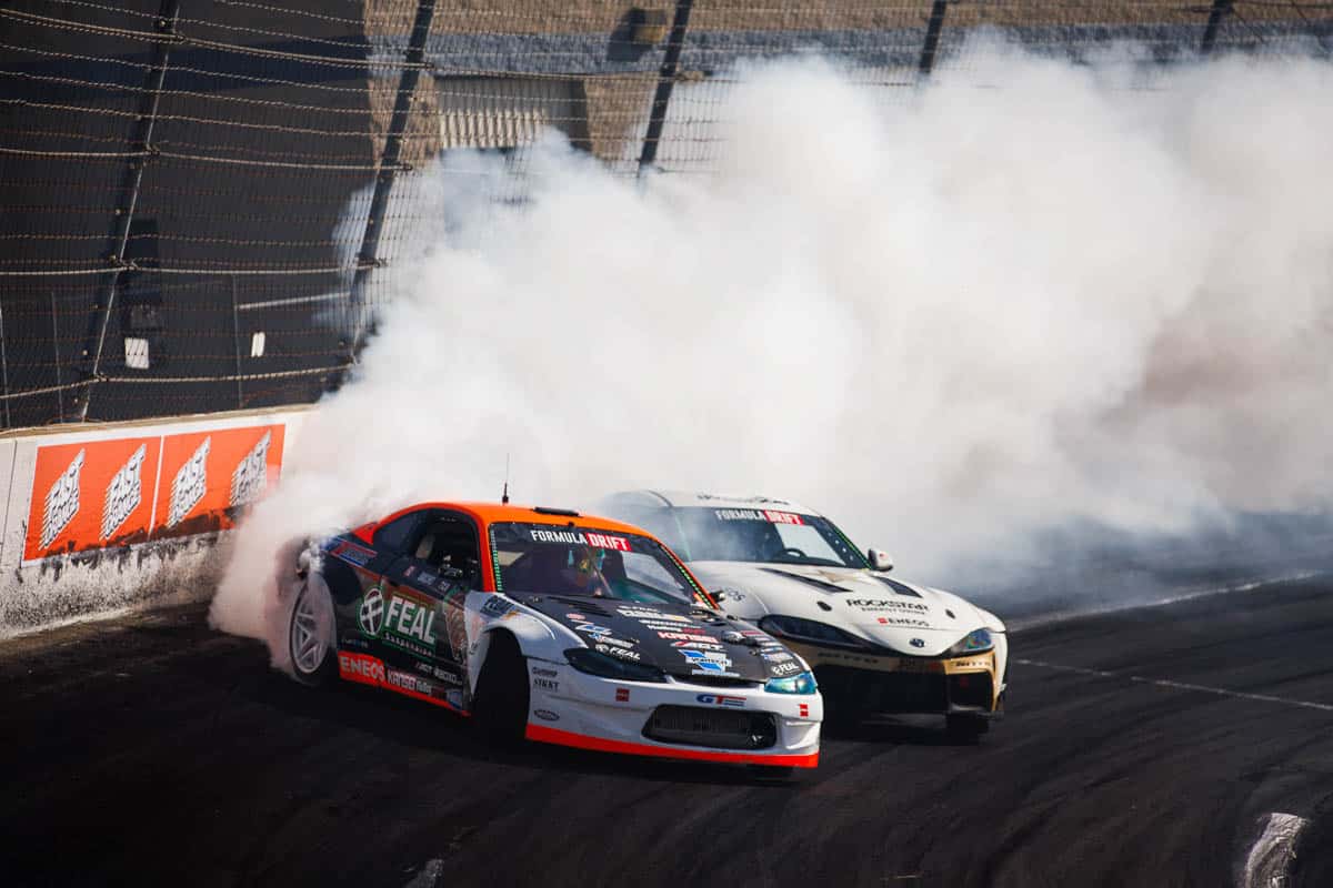 Bakchis versus Aasbo during practice, 2024 Formula DRIFT Irwindale