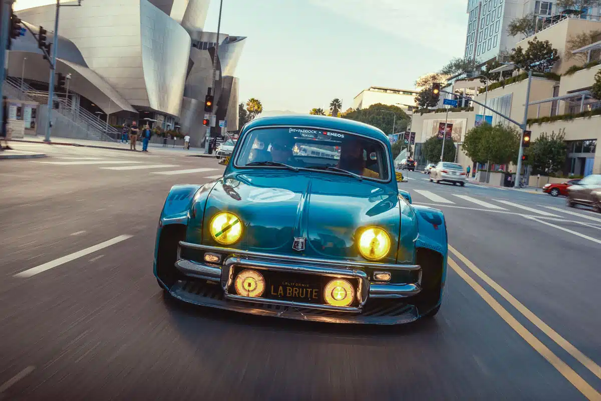 Justin Cashmore’s 1960 Renault Dauphine, cruising through Downtown Los Angeles, 2024 SEMA Show