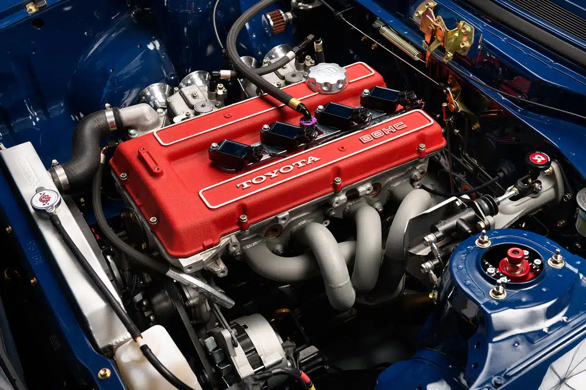 Stephan Papadakis’ 1972 Toyota Celica, 18R-G engine shot, 2024 SEMA Show