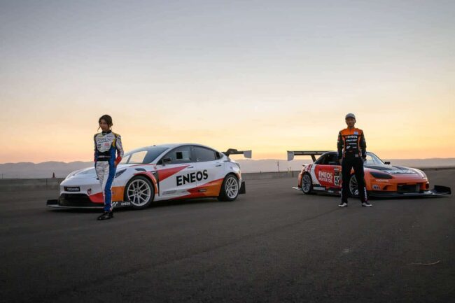 Hana Burton and Dai Yoshihara representing ENEOS and Evasive Motorsports with the Tesla Model 3 and Honda S2000RS, Super Lap Battle Finals 2024