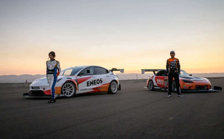 Hana Burton and Dai Yoshihara representing ENEOS and Evasive Motorsports with the Tesla Model 3 and Honda S2000RS, Super Lap Battle Finals 2024